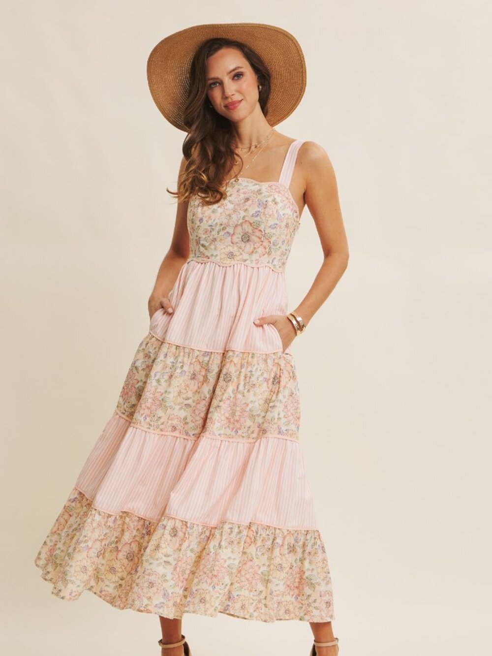 Dreamy Ideal Florals And Stripes Tiered Midi Dress